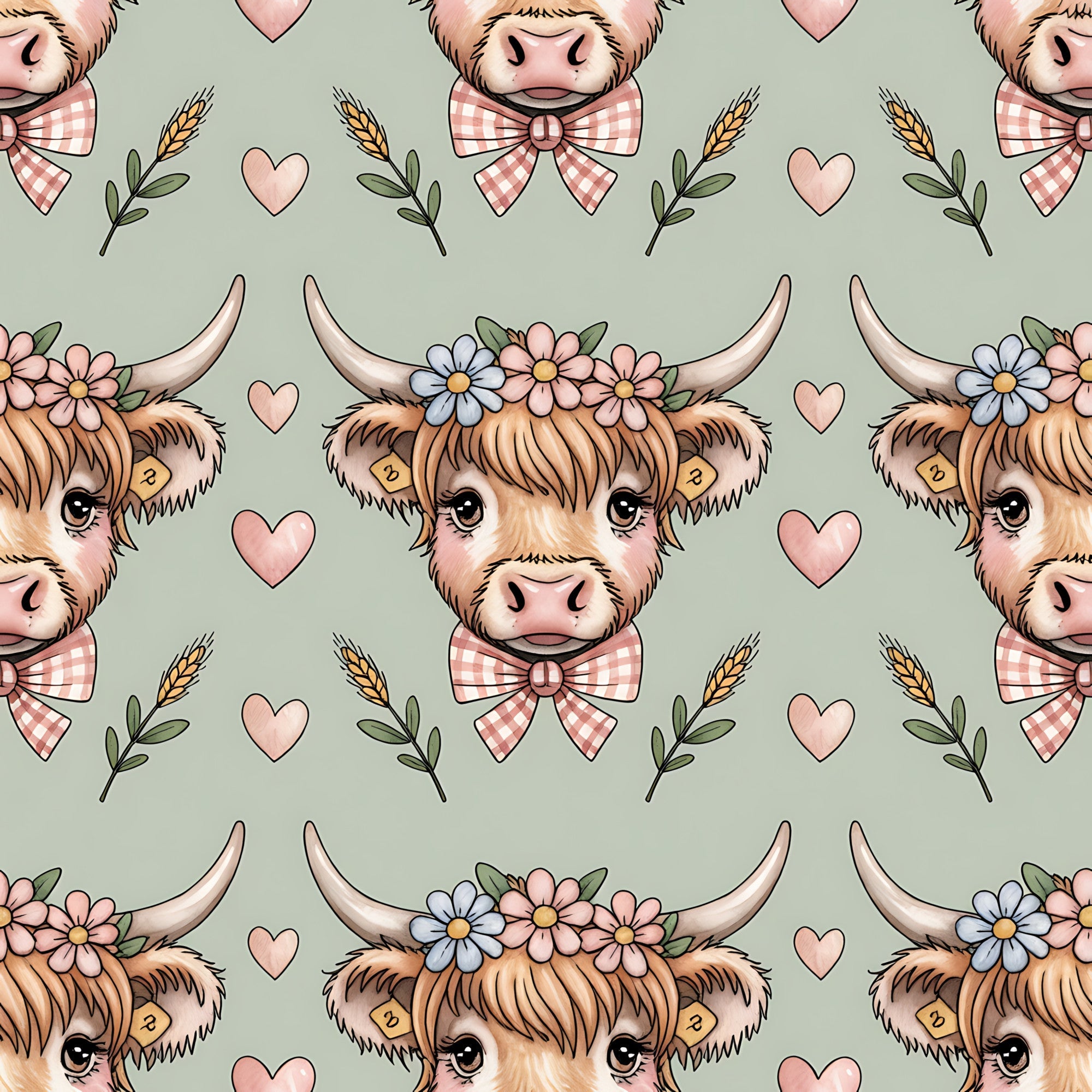 highland cow, cow heads, horns, floral crown, gingham bow tie, pink hearts, wheat stalks, sage green background, pastoral pattern, farm animals, cottagecore aesthetic, repeating design,, fabric panel, adorable cows, country charm, botanical elements, soft pastels, cute animals, rustic theme