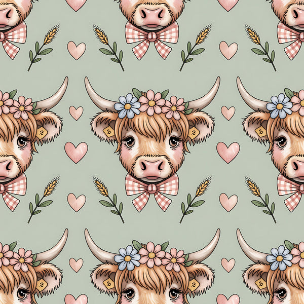 highland cow, cow heads, horns, floral crown, gingham bow tie, pink hearts, wheat stalks, sage green background, pastoral pattern, farm animals, cottagecore aesthetic, repeating design,, fabric panel, adorable cows, country charm, botanical elements, soft pastels, cute animals, rustic theme