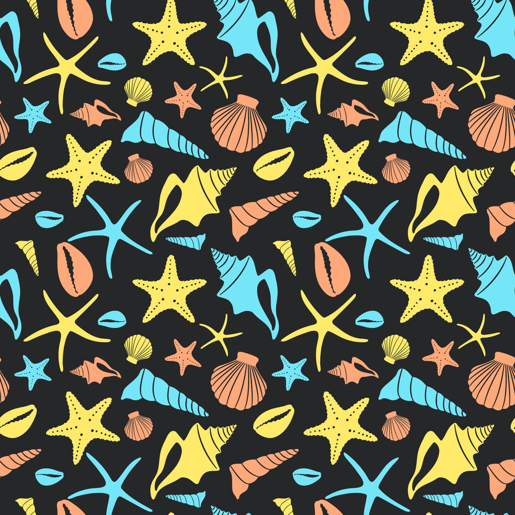 coral, turquoise, yellow, black background, sea shells, starfish, conch shells, scallop shells, marine life, ocean themed, boho style, repeating pattern,, fabric panel, beach motif, nautical design, tropical colors, seashells collection, coastal theme, summer vibes