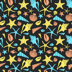 coral, turquoise, yellow, black background, sea shells, starfish, conch shells, scallop shells, marine life, ocean themed, boho style, repeating pattern,, fabric panel, beach motif, nautical design, tropical colors, seashells collection, coastal theme, summer vibes