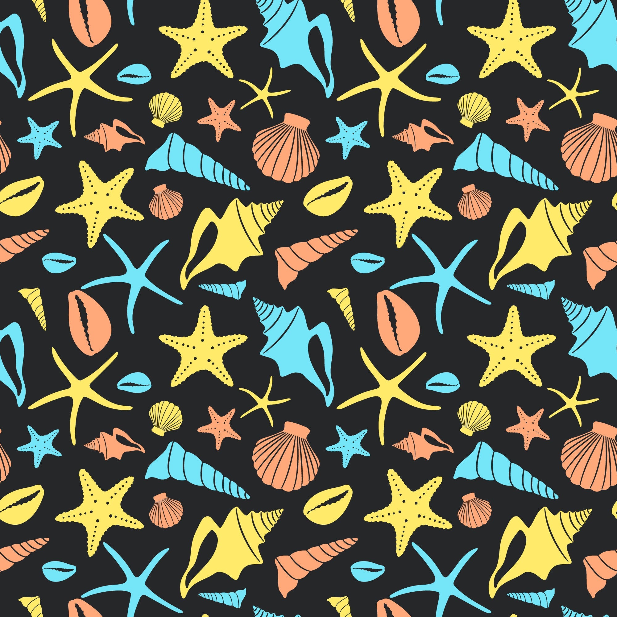 coral, turquoise, yellow, black background, sea shells, starfish, conch shells, scallop shells, marine life, ocean themed, boho style, repeating pattern,, fabric panel, beach motif, nautical design, tropical colors, seashells collection, coastal theme, summer vibes