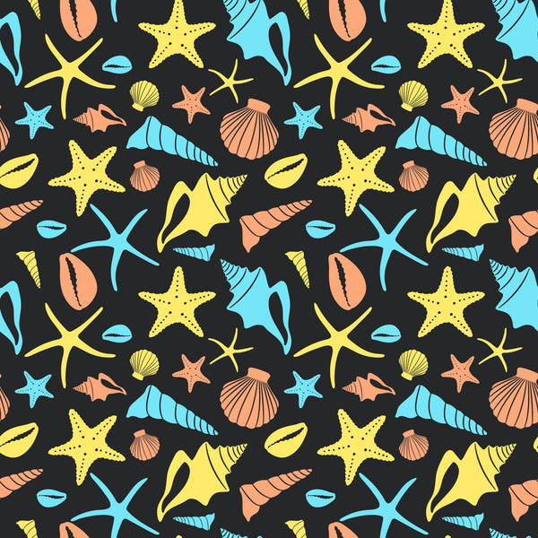 coral, turquoise, yellow, black background, sea shells, starfish, conch shells, scallop shells, marine life, ocean themed, boho style, repeating pattern,, fabric panel, beach motif, nautical design, tropical colors, seashells collection, coastal theme, summer vibes