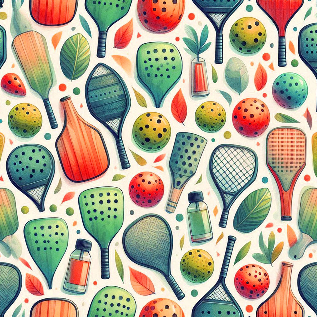 watercolor, pickleball, paddles, balls, coral, teal, green, orange, yellow, leaves, botanical, sports equipment,, fabric panel, modern illustration, athletic theme, recreational sports, geometric patterns, vibrant colors, contemporary design