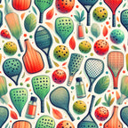 watercolor, pickleball, paddles, balls, coral, teal, green, orange, yellow, leaves, botanical, sports equipment,, fabric panel, modern illustration, athletic theme, recreational sports, geometric patterns, vibrant colors, contemporary design