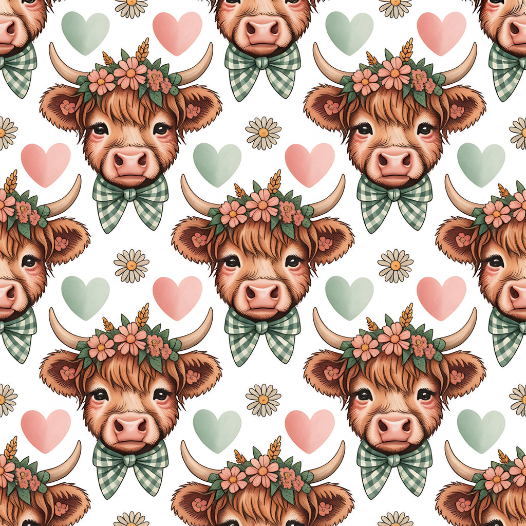 highland cows, brown fur, green gingham bows, floral crowns, pink hearts, sage green hearts, white daisies, pastoral pattern, cute animals, cottage core,, fabric panel, repeating motif, soft pastels, farmhouse style, whimsical design, adorable cattle, country charm, craft fabric, sewing material