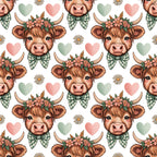 highland cows, brown fur, green gingham bows, floral crowns, pink hearts, sage green hearts, white daisies, pastoral pattern, cute animals, cottage core,, fabric panel, repeating motif, soft pastels, farmhouse style, whimsical design, adorable cattle, country charm, craft fabric, sewing material