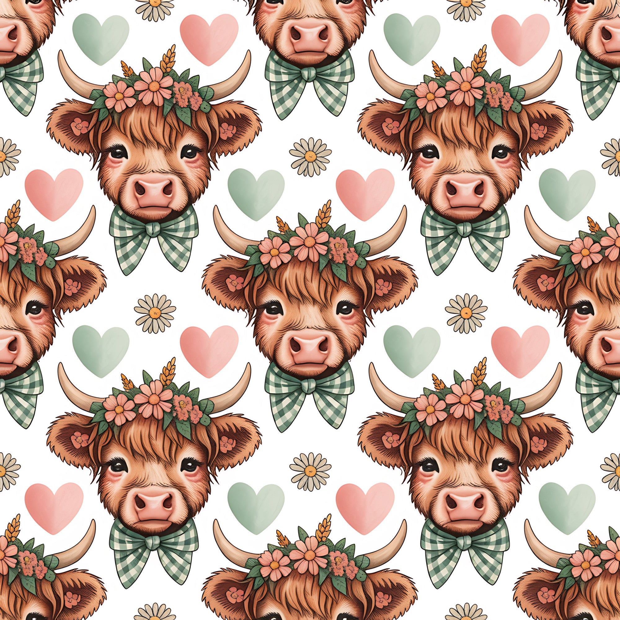 highland cows, brown fur, green gingham bows, floral crowns, pink hearts, sage green hearts, white daisies, pastoral pattern, cute animals, cottage core,, fabric panel, repeating motif, soft pastels, farmhouse style, whimsical design, adorable cattle, country charm, craft fabric, sewing material