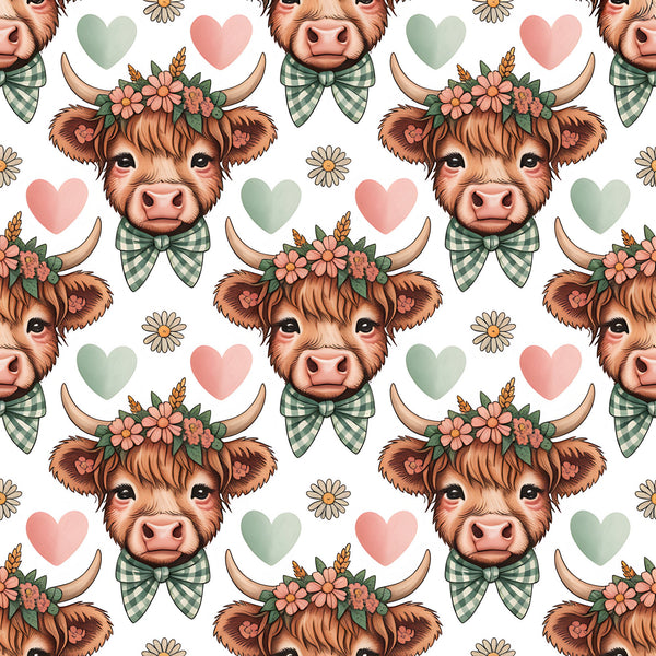 highland cows, brown fur, green gingham bows, floral crowns, pink hearts, sage green hearts, white daisies, pastoral pattern, cute animals, cottage core,, fabric panel, repeating motif, soft pastels, farmhouse style, whimsical design, adorable cattle, country charm, craft fabric, sewing material