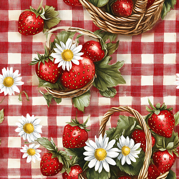 red, white, gingham, checkered, strawberries, daisies, wicker baskets, picnic, summer,, fabric panel, botanical, fruit pattern, country style, pastoral, cheerful, bright colors, repeating motif, kitchen theme, farmhouse