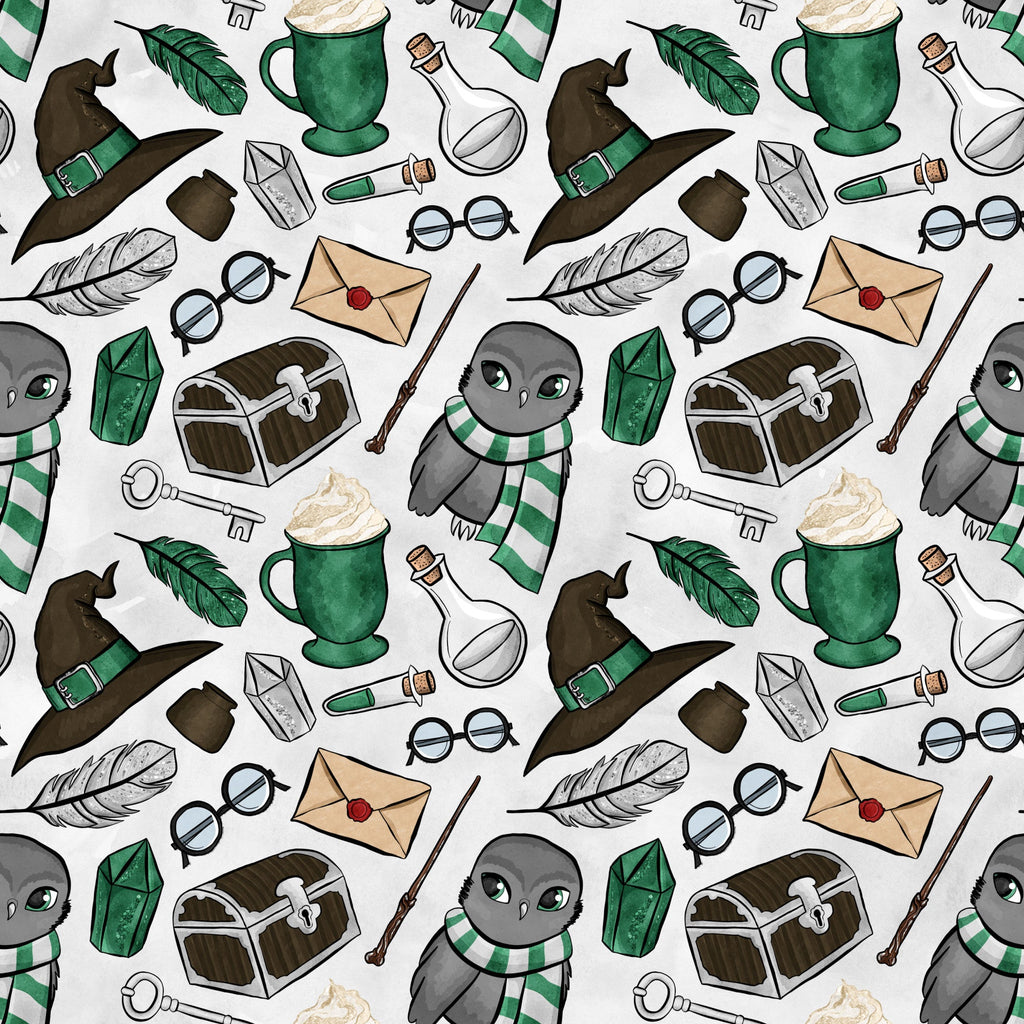 wizard theme, magic school, owl characters, green striped scarves, witch hats, potion bottles, treasure chests, feathers, books, round glasses, wands, letters, keys, emerald green, brown, gray, white, beige, whimsical illustration, fantasy motifs,, fabric panel, repeating pattern, magical elements