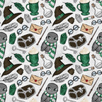 wizard theme, magic school, owl characters, green striped scarves, witch hats, potion bottles, treasure chests, feathers, books, round glasses, wands, letters, keys, emerald green, brown, gray, white, beige, whimsical illustration, fantasy motifs,, fabric panel, repeating pattern, magical elements