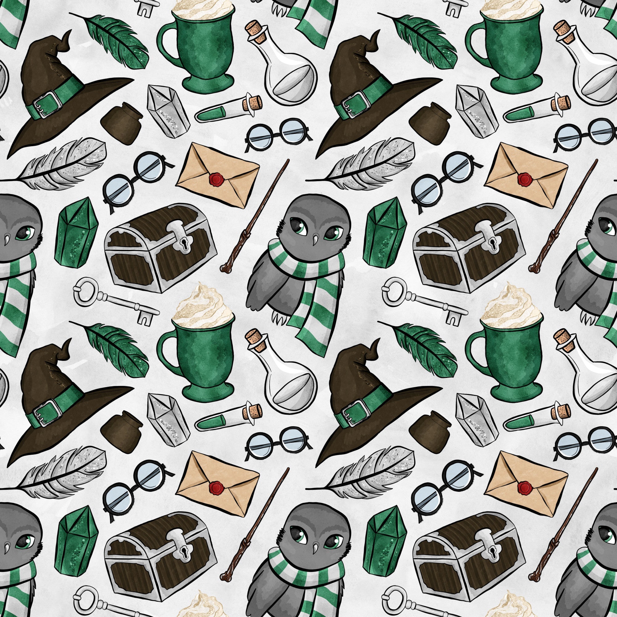 wizard theme, magic school, owl characters, green striped scarves, witch hats, potion bottles, treasure chests, feathers, books, round glasses, wands, letters, keys, emerald green, brown, gray, white, beige, whimsical illustration, fantasy motifs,, fabric panel, repeating pattern, magical elements