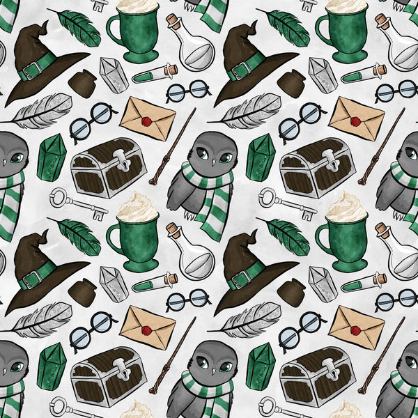 wizard theme, magic school, owl characters, green striped scarves, witch hats, potion bottles, treasure chests, feathers, books, round glasses, wands, letters, keys, emerald green, brown, gray, white, beige, whimsical illustration, fantasy motifs,, fabric panel, repeating pattern, magical elements