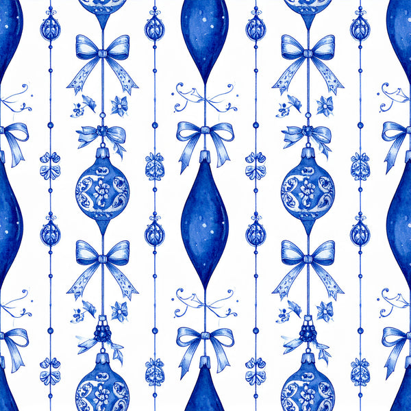 royal blue, cobalt blue, navy blue, white, ornaments, bows, ribbons, baubles, christmas, holiday, festive, elegant, traditional, vintage, delicate, botanical, floral, decorative, sophisticated, formal, winter, classic, ornamental, damask, detailed illustration, refined style, seasonal decor, celebration theme