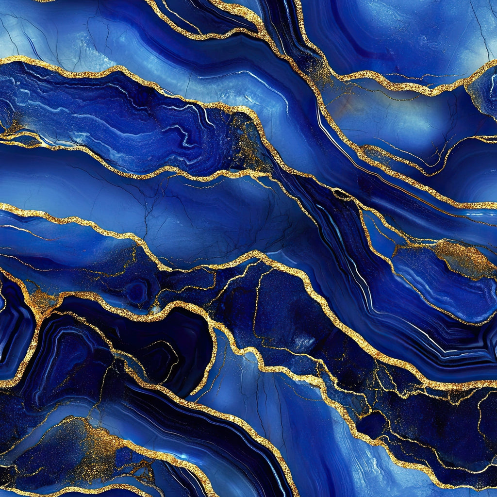 royal blue, gold, navy blue, sapphire blue, cobalt blue, agate pattern, marble texture, geode design, flowing lines, abstract swirls, mineral veins, crystalline formations, luxurious, elegant, fluid movement,, fabric panel, gemstone inspired, natural stone, metallic accents