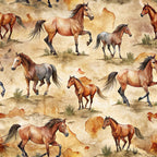 wild horses, equestrian, brown tones, tan background, beige, chestnut, bay horses, gray horses, western theme, desert landscape, sparse vegetation, galloping horses, running horses, watercolor style, realistic horses,, fabric panel, horse pattern, western decor, rustic colors, earth tones, dusty terrain