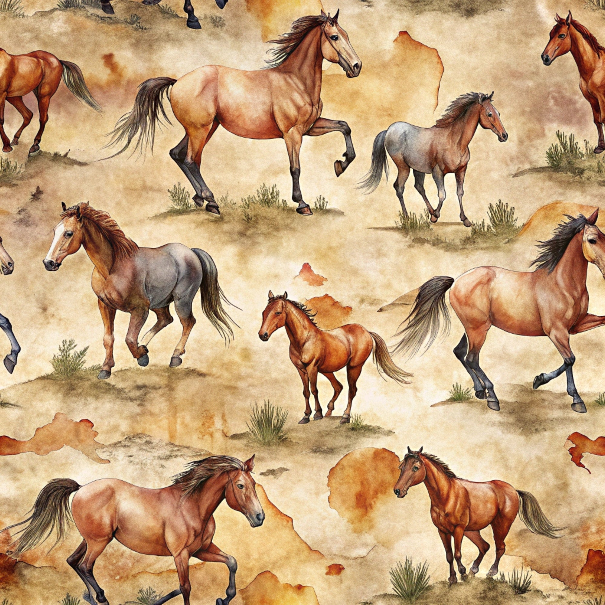 wild horses, equestrian, brown tones, tan background, beige, chestnut, bay horses, gray horses, western theme, desert landscape, sparse vegetation, galloping horses, running horses, watercolor style, realistic horses,, fabric panel, horse pattern, western decor, rustic colors, earth tones, dusty terrain