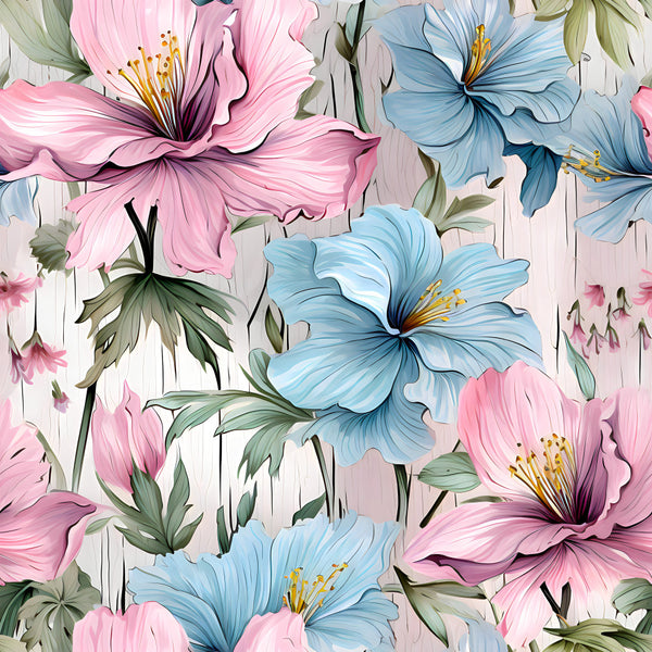 pink flowers, blue flowers, floral pattern, botanical, nature theme, spring flowers, garden floral, large scale floral, blush pink, sky blue, soft pink, pastel colors, white background, green leaves, gold stamens, elegant style, romantic style, whimsical, feminine, garden theme, wildflower, peony, multi-colored floral, vintage floral, traditional floral, spring, summer, nursery decor, kids room, baby girl