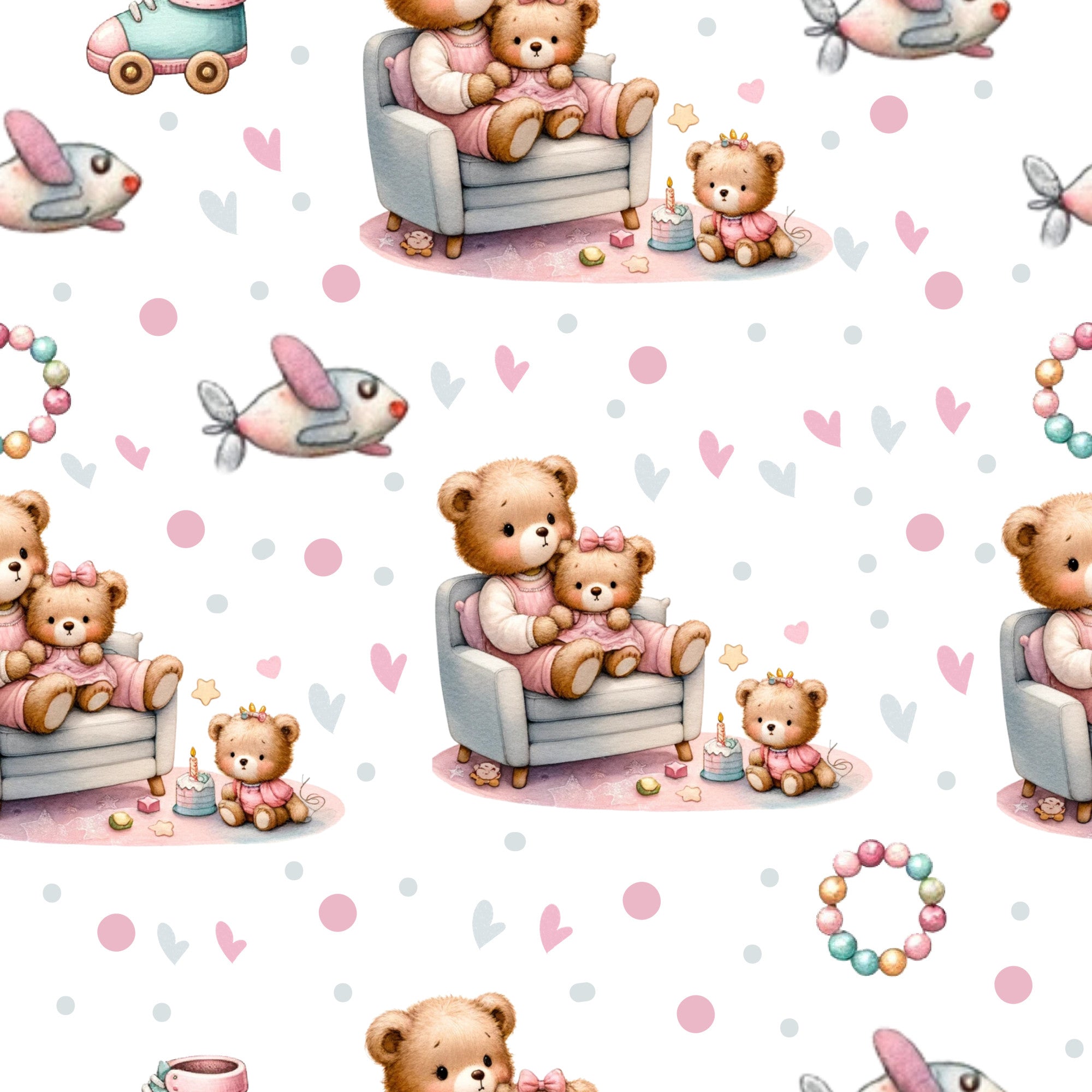 pink, teddy bears, baby theme, nursery pattern,, fabric panel, watercolor style, cute animals, soft pastels, gray chair, birthday cake, toy airplane, beaded bracelet, hearts, polka dots, whimsical design, children's fabric, repeating pattern, gentle colors, playful motifs
