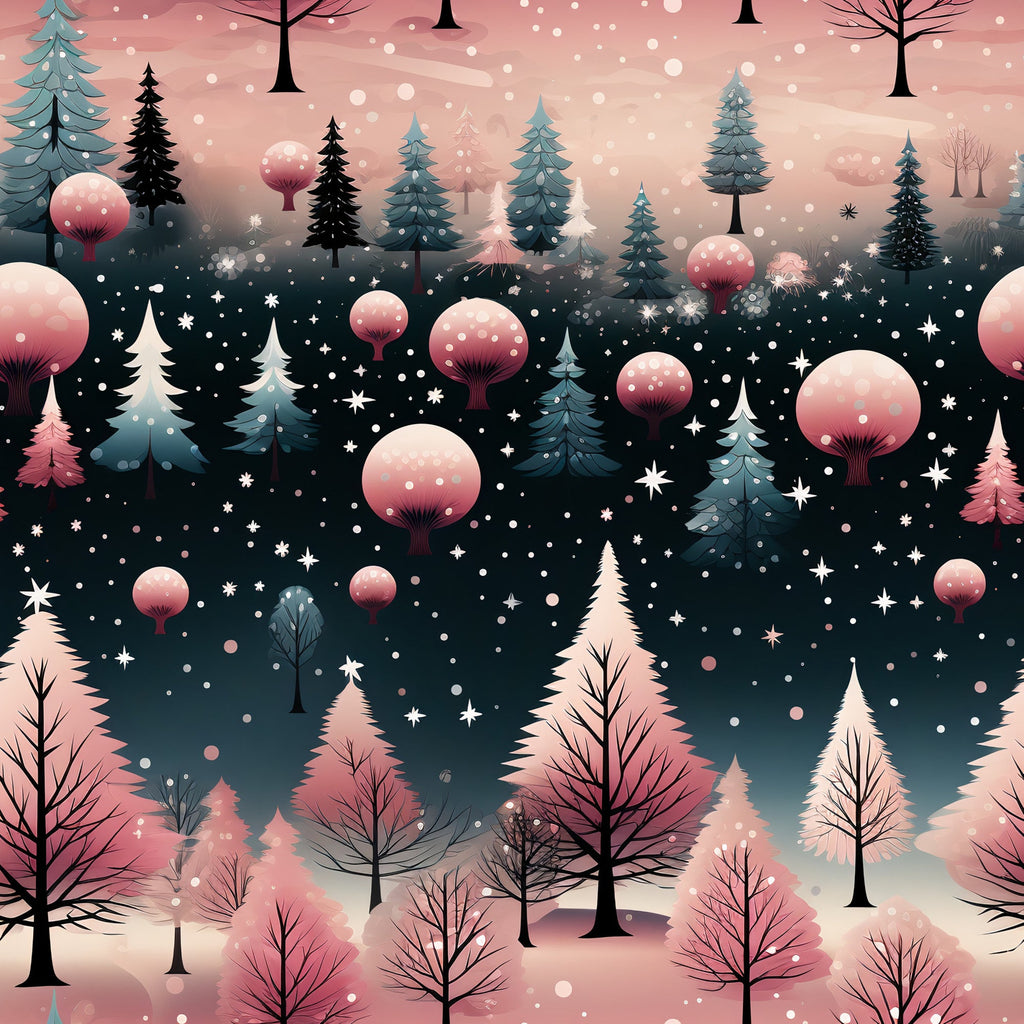 winter wonderland, christmas fabric,, fabric panel, pink gradient, teal blue, coral pink, evergreen trees, pine trees, snowflakes, falling snow, whimsical trees, winter forest, holiday pattern, seasonal design, cotton fabric, festive colors, snow covered trees, winter scene, magical forest
