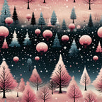 winter wonderland, christmas fabric,, fabric panel, pink gradient, teal blue, coral pink, evergreen trees, pine trees, snowflakes, falling snow, whimsical trees, winter forest, holiday pattern, seasonal design, cotton fabric, festive colors, snow covered trees, winter scene, magical forest