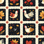cream background, navy blue, rust red, golden yellow, folk art, roosters, chickens, hearts, flowers, leaves, stars,, fabric panel, autumn colors, farmhouse style, country motif, patchwork squares, decorative borders, warm tones, botanical elements