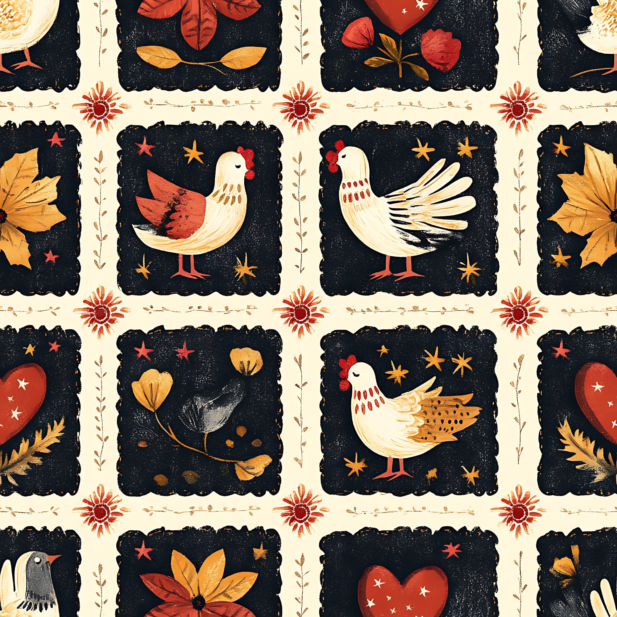 cream background, navy blue, rust red, golden yellow, folk art, roosters, chickens, hearts, flowers, leaves, stars,, fabric panel, autumn colors, farmhouse style, country motif, patchwork squares, decorative borders, warm tones, botanical elements