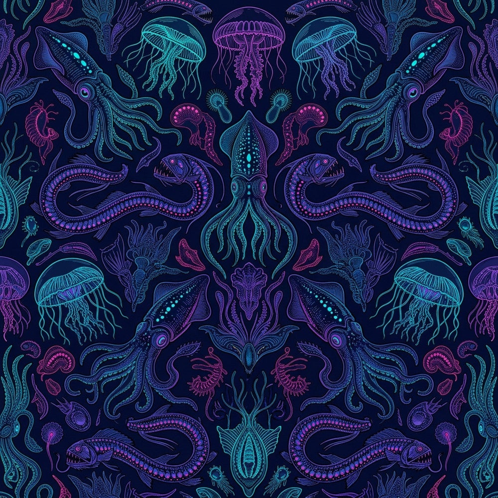 neon colors, cyan blue, magenta pink, purple, dark navy background, bioluminescent, glowing effect, ocean theme, nautical, sea creatures, jellyfish, octopus, squid, seahorse, fish, underwater, deep sea, marine life, bohemian, whimsical, mystical, ethereal, glow-in-the-dark aesthetic, fantasy, magical, psychedelic, neon glow, intricate line art, detailed illustration, symmetrical pattern