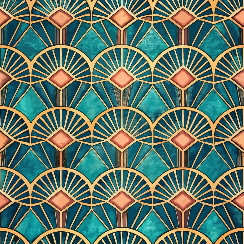 teal, turquoise, coral pink, gold, navy blue, art deco, geometric pattern, fan motif, sunburst design, diamond shapes, repeating pattern, ornate design, vintage style, luxurious, symmetrical,, fabric panel, decorative motifs, scalloped edges, metallic accents