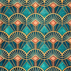 teal, turquoise, coral pink, gold, navy blue, art deco, geometric pattern, fan motif, sunburst design, diamond shapes, repeating pattern, ornate design, vintage style, luxurious, symmetrical,, fabric panel, decorative motifs, scalloped edges, metallic accents