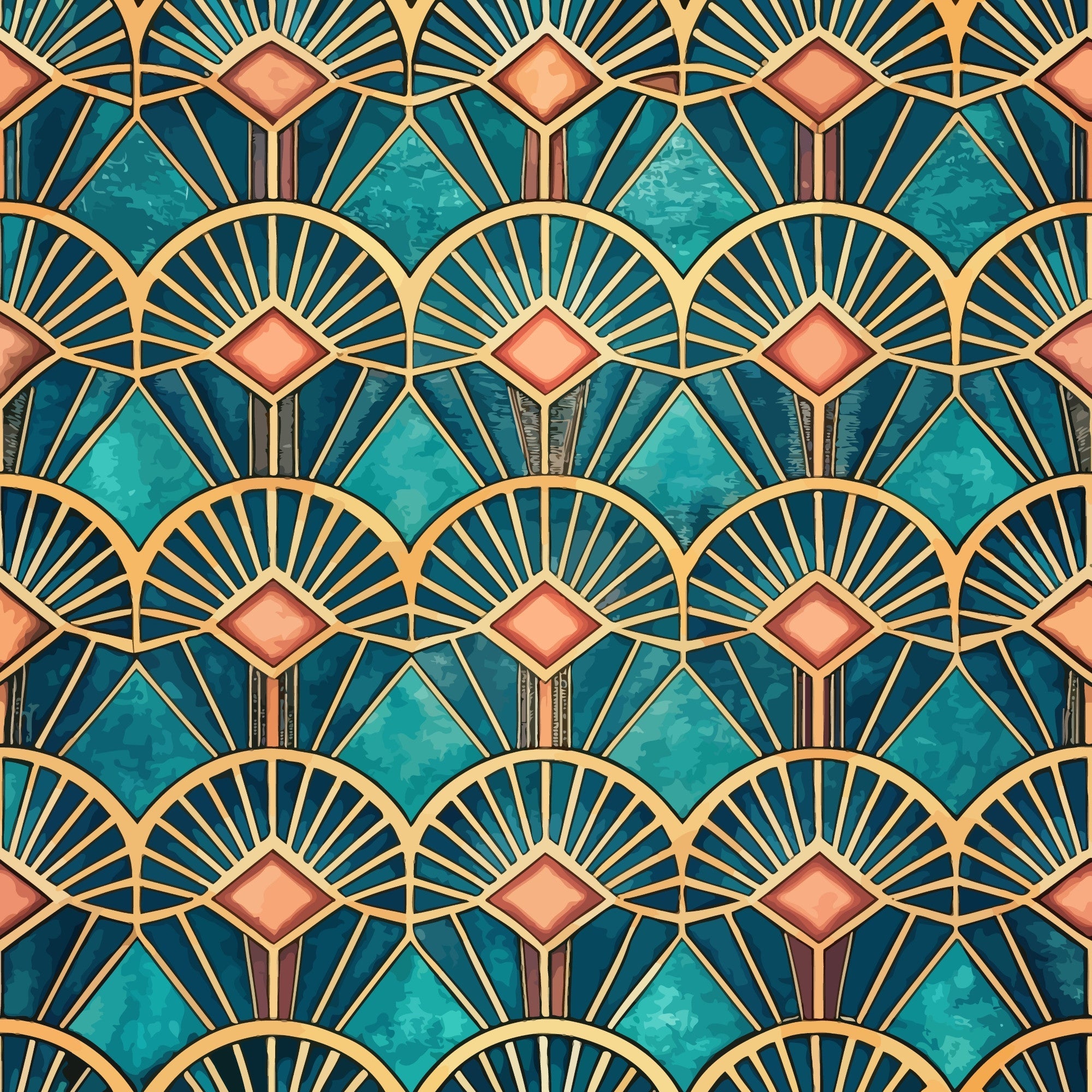 teal, turquoise, coral pink, gold, navy blue, art deco, geometric pattern, fan motif, sunburst design, diamond shapes, repeating pattern, ornate design, vintage style, luxurious, symmetrical,, fabric panel, decorative motifs, scalloped edges, metallic accents