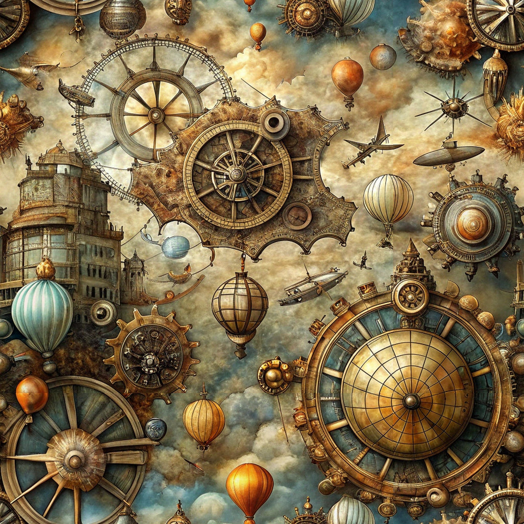 steampunk, vintage maps, brass, bronze, gold, copper, sepia tones, mechanical gears, hot air balloons, compass roses, nautical wheels, clockwork, industrial, victorian era, adventure theme, exploration, antique instruments,, fabric panel, fantasy steampunk