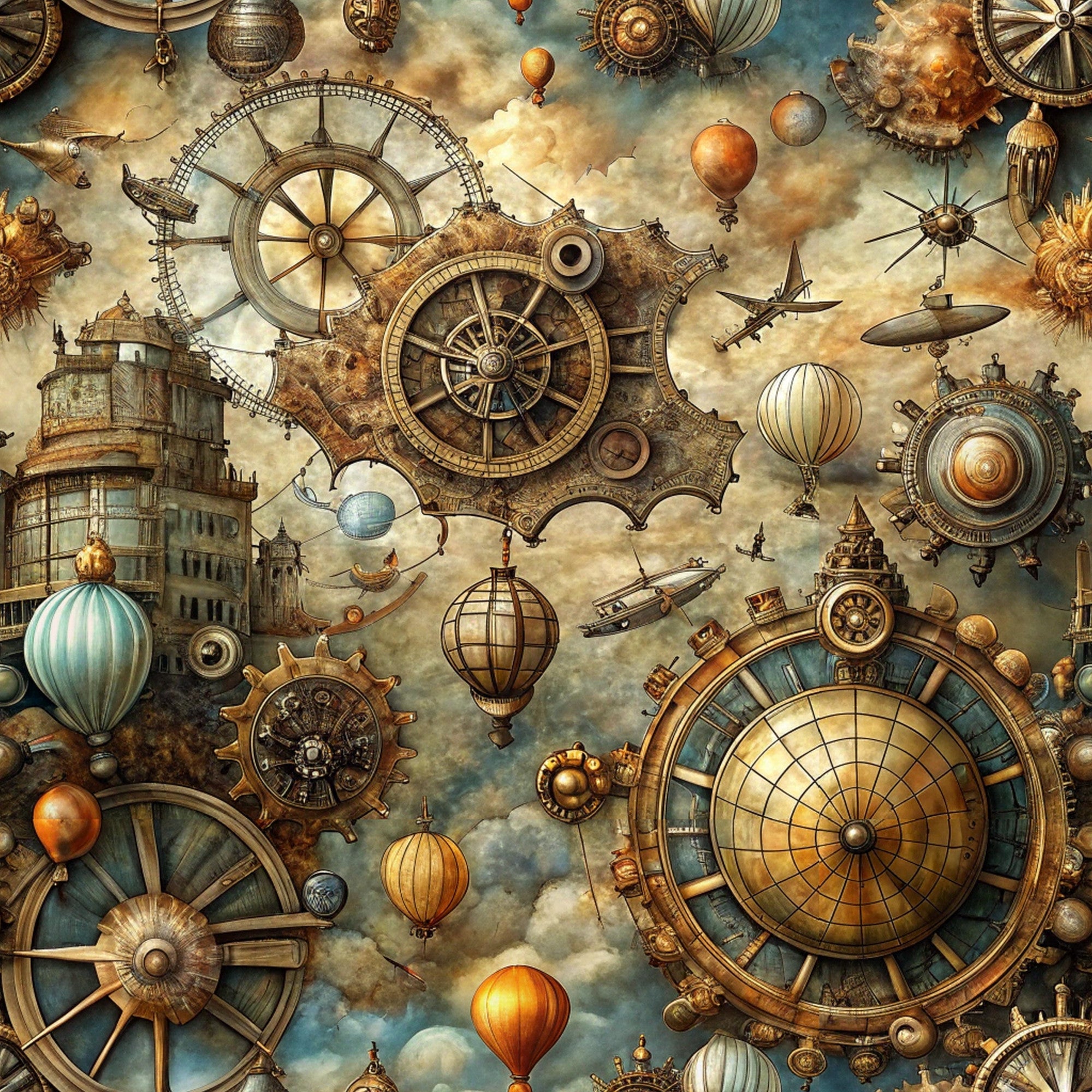 steampunk, vintage maps, brass, bronze, gold, copper, sepia tones, mechanical gears, hot air balloons, compass roses, nautical wheels, clockwork, industrial, victorian era, adventure theme, exploration, antique instruments,, fabric panel, fantasy steampunk
