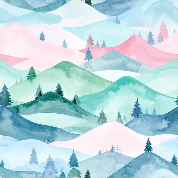 winter landscape, snowy hills, evergreen trees, layered mountains, watercolor art, soft pastels, blush pink, sage green, teal blue, powder blue, dusty rose, forest green, ombre effect, nature scene, scenic landscape, whimsical style, dreamy aesthetic, winter wonderland, holiday theme, peaceful landscape, rolling hills, pine trees, artistic design, contemporary style, soft color palette, serene scene, nursery decor, kids room, children's design, winter season