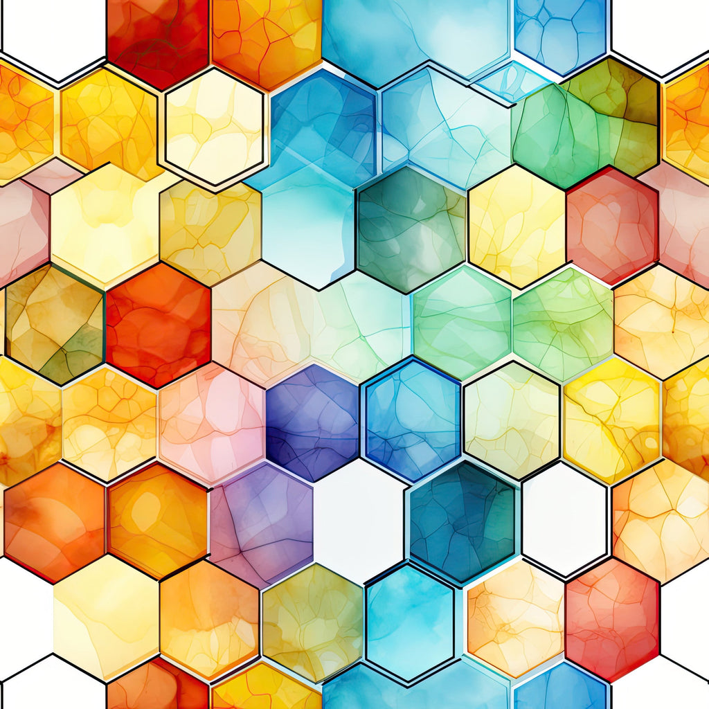 watercolor, honeycomb pattern, hexagonal shapes, geometric design, vibrant colors, orange, yellow, blue, green, red, purple, teal, coral, gradient effects, translucent appearance,, fabric panel, modern art style, colorful mosaic, contemporary pattern