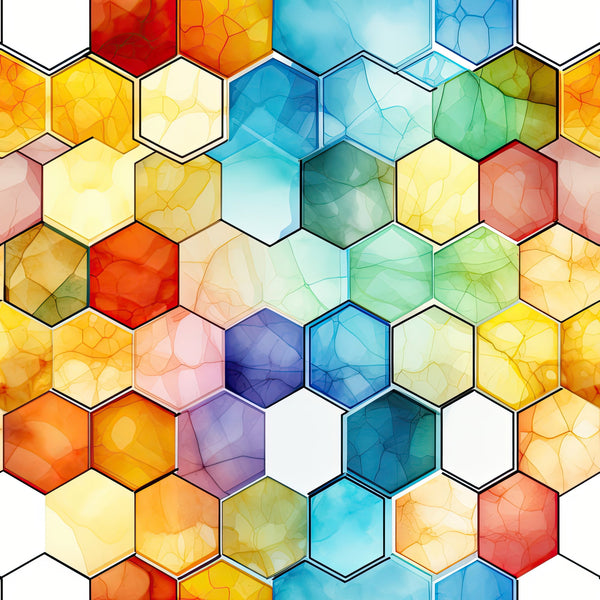 watercolor, honeycomb pattern, hexagonal shapes, geometric design, vibrant colors, orange, yellow, blue, green, red, purple, teal, coral, gradient effects, translucent appearance,, fabric panel, modern art style, colorful mosaic, contemporary pattern