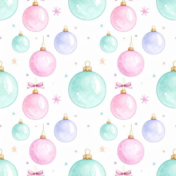 pastel pink, mint green, lavender blue, blush pink, soft turquoise, pale blue, watercolor ornaments, christmas baubles, holiday decorations, festive, whimsical, elegant, pastel colors, winter holiday, christmas theme, nursery decor, baby shower, kids room, playroom, stars, bows, ribbons, shiny baubles, gold accents, delicate, soft, gentle, magical, seasonal, celebratory