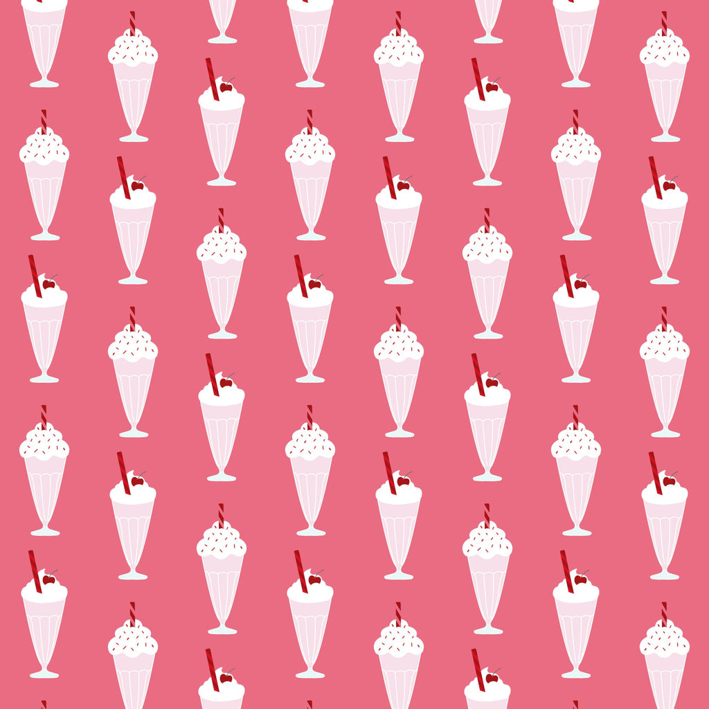 pink background, milkshakes, ice cream sundaes, retro desserts, 1950s style, diner theme, whipped cream, cherries, sprinkles, vintage illustrations, nostalgic pattern, repeating motif,, fabric panel, sweet treats, soda fountain, pastel pink, white cream, red accents, mid-century modern