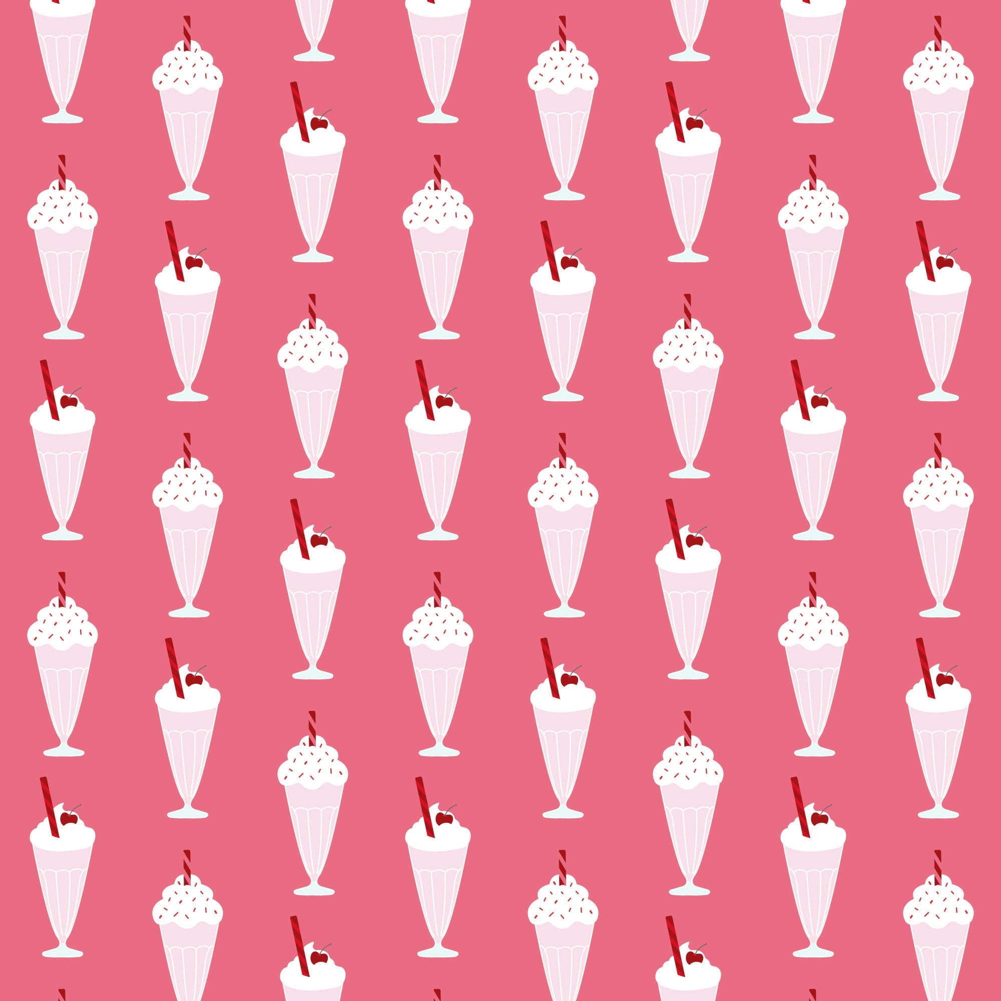 pink background, milkshakes, ice cream sundaes, retro desserts, 1950s style, diner theme, whipped cream, cherries, sprinkles, vintage illustrations, nostalgic pattern, repeating motif,, fabric panel, sweet treats, soda fountain, pastel pink, white cream, red accents, mid-century modern