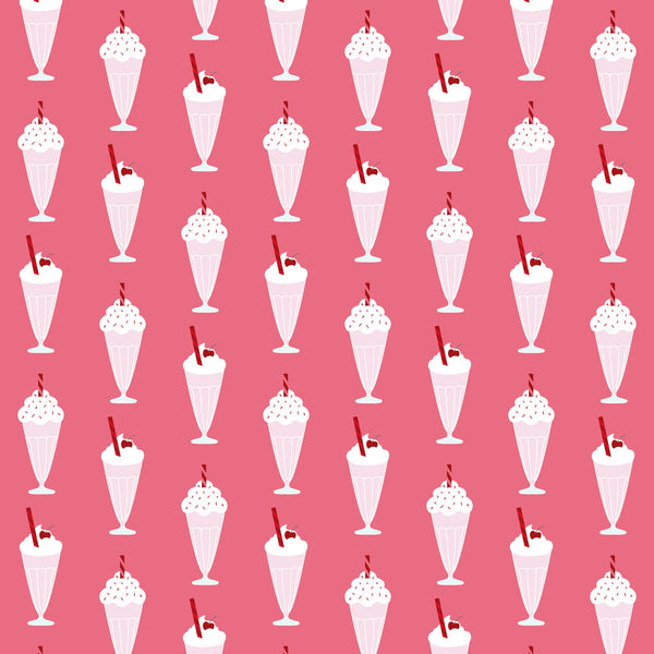 pink background, milkshakes, ice cream sundaes, retro desserts, 1950s style, diner theme, whipped cream, cherries, sprinkles, vintage illustrations, nostalgic pattern, repeating motif,, fabric panel, sweet treats, soda fountain, pastel pink, white cream, red accents, mid-century modern