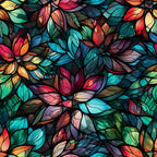 stained glass, floral pattern, multicolored, teal, coral, purple, orange, green, blue, pink, mosaic style, botanical, leaves, petals, vibrant colors,, fabric panel, christmas theme, holiday fabric, geometric segments, translucent effect, jewel tones