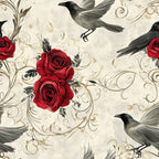 deep red roses, black birds, cream background, gold scrollwork, vintage floral, elegant pattern, romantic style, nature themed, birds and flowers, traditional design, ornate swirls, gothic elegance, dark academia, literary aesthetic, timeless pattern, sophisticated style, decorative birds, red and black, cream with gold accents, botanical elements, classic beauty, whimsical birds, heritage design, antique inspired, luxury aesthetic, damask style, raven motif, rose garden, heirloom quality
