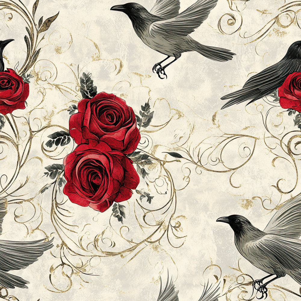 deep red roses, black birds, cream background, gold scrollwork, vintage floral, elegant pattern, romantic style, nature themed, birds and flowers, traditional design, ornate swirls, gothic elegance, dark academia, literary aesthetic, timeless pattern, sophisticated style, decorative birds, red and black, cream with gold accents, botanical elements, classic beauty, whimsical birds, heritage design, antique inspired, luxury aesthetic, damask style, raven motif, rose garden, heirloom quality