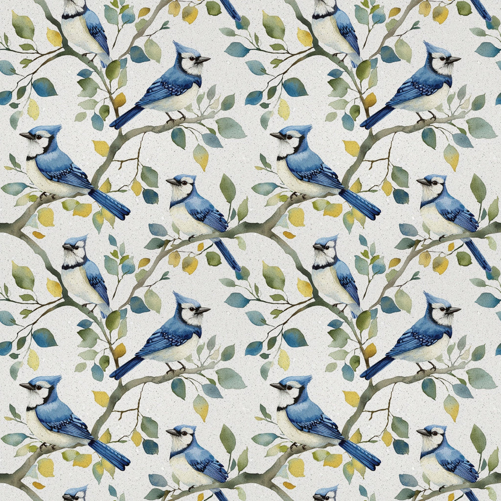 blue jay birds, botanical branches, watercolor style, nature pattern,, fabric panel, bird motif, leafy branches, blue and white, green foliage, yellow leaves, repeating design, wildlife theme, ornithology inspired, soft pastels, delicate artwork, seamless pattern, avian subjects, natural elements, spring colors