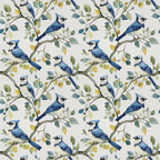blue jay birds, botanical branches, watercolor style, nature pattern,, fabric panel, bird motif, leafy branches, blue and white, green foliage, yellow leaves, repeating design, wildlife theme, ornithology inspired, soft pastels, delicate artwork, seamless pattern, avian subjects, natural elements, spring colors