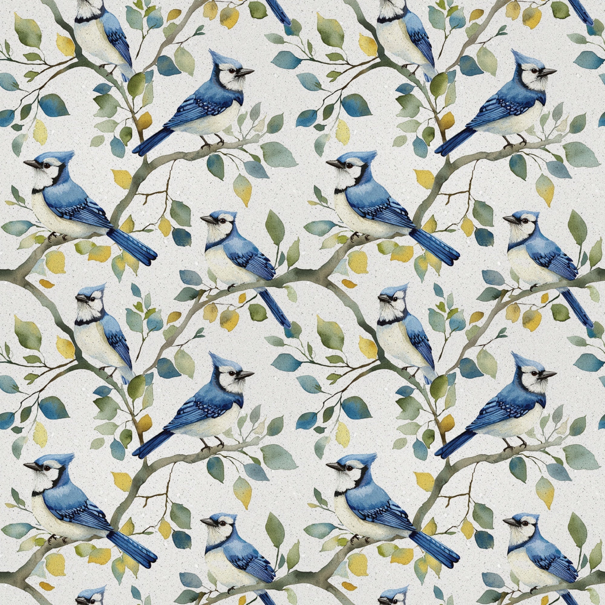 blue jay birds, botanical branches, watercolor style, nature pattern,, fabric panel, bird motif, leafy branches, blue and white, green foliage, yellow leaves, repeating design, wildlife theme, ornithology inspired, soft pastels, delicate artwork, seamless pattern, avian subjects, natural elements, spring colors