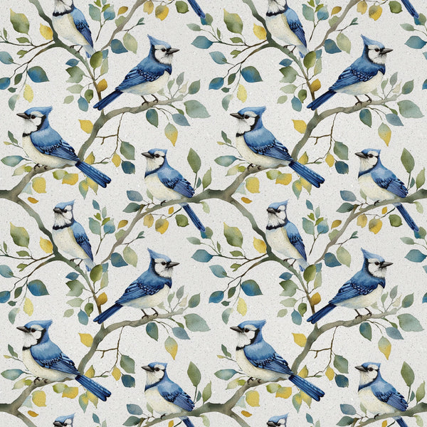 blue jay birds, botanical branches, watercolor style, nature pattern,, fabric panel, bird motif, leafy branches, blue and white, green foliage, yellow leaves, repeating design, wildlife theme, ornithology inspired, soft pastels, delicate artwork, seamless pattern, avian subjects, natural elements, spring colors