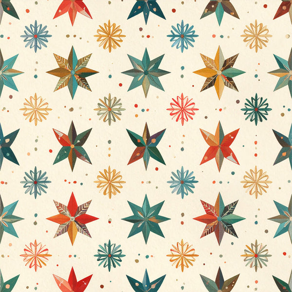 teal, forest green, coral, gold, red, cream, tan, brown, geometric, star, snowflake, holiday, christmas, winter, vintage, whimsical, festive, celestial, traditional, elegant, retro, multi-colored, eight-pointed star, starburst, decorative dots, mid-century modern, seasonal, warm tones, cool tones, symmetrical pattern