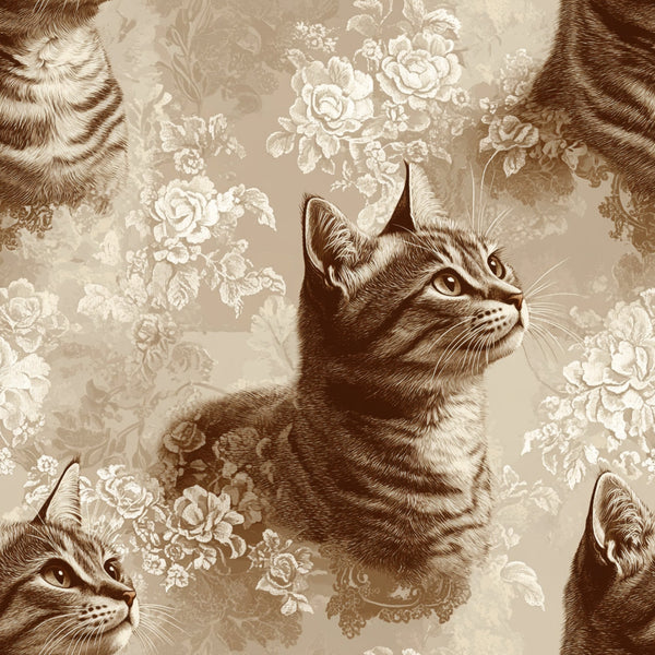 beige, sepia, brown, tan, cream, cats, kittens, tabby cats, floral pattern, roses, lace design, vintage style, monochromatic,, fabric panel, botanical motifs, feline portraits, nostalgic mood, romantic florals, repeating pattern