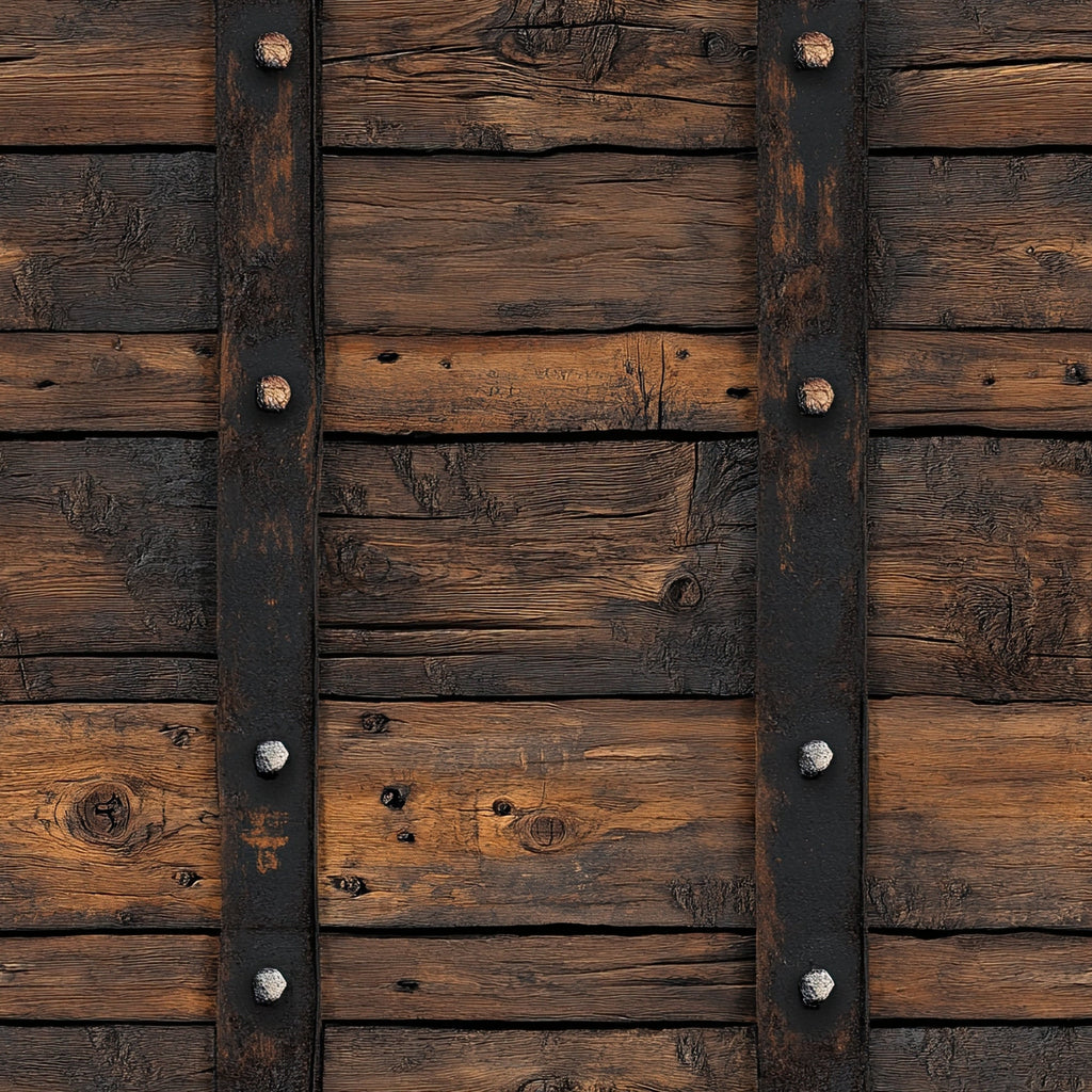 wooden planks, rustic brown, weathered wood, metal straps, iron hardware, barn door, western theme, distressed texture, aged patina,, fabric panel, country style, farm aesthetic, vintage wood, metal rivets, rustic decor, brown tones, weathered finish, cottage core, frontier style